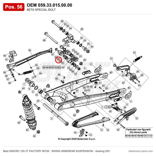 BETA SPECIAL BOLT – OEM 059.33.015.00.00, position 56 on the Beta SINCRO 125 2T FACTORY MY26 swing arm/rear suspension drawing
