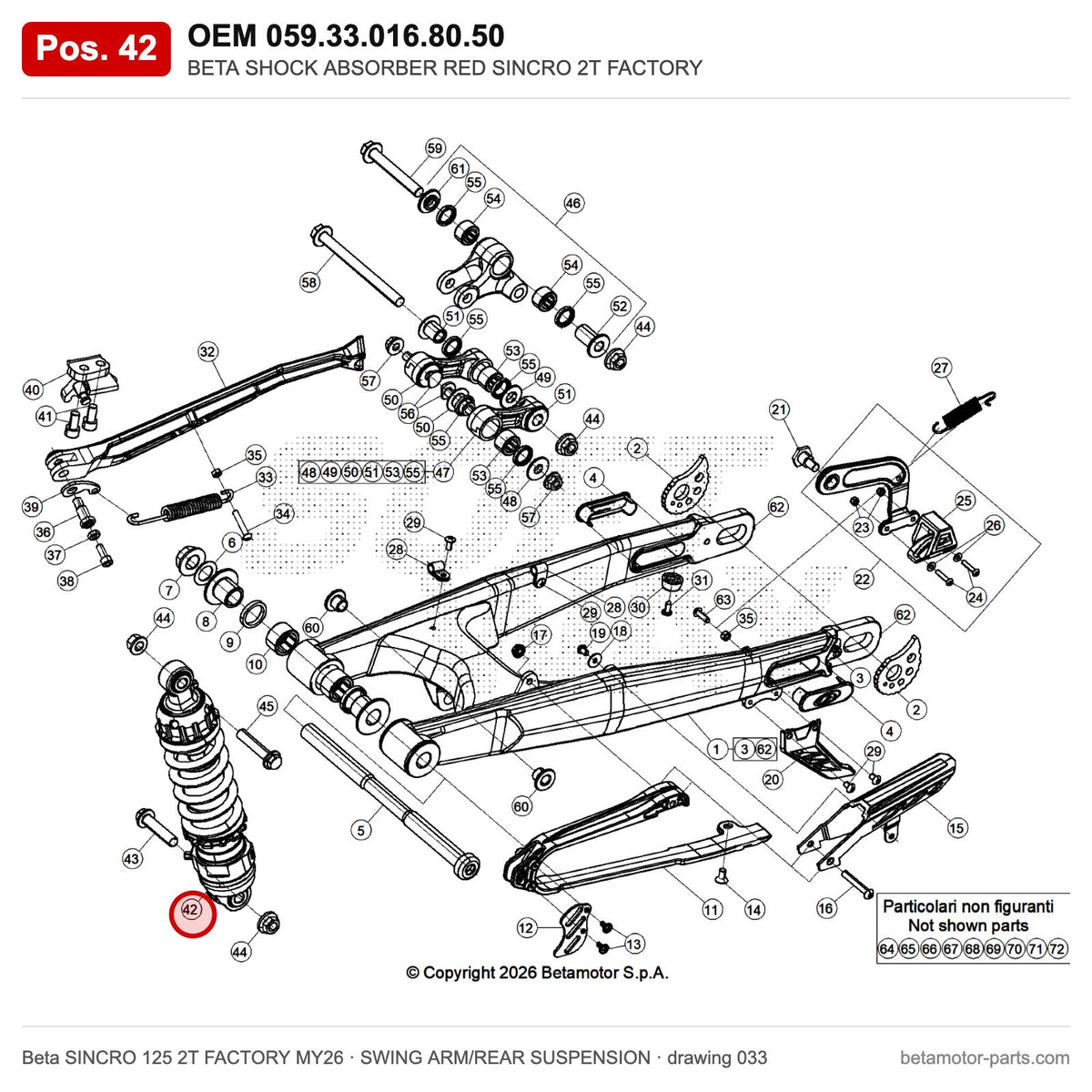BETA SHOCK ABSORBER RED SINCRO 2T FACTORY – OEM 059.33.016.80.50, position 42 on the Beta SINCRO 125 2T FACTORY MY26 swing arm/rear suspension drawing