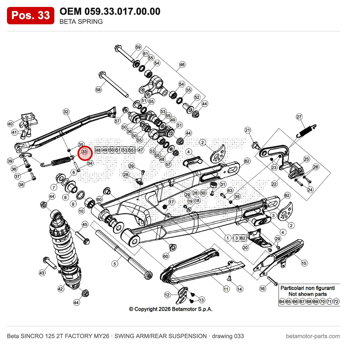 BETA SPRING – OEM 059.33.017.00.00, position 33 on the Beta SINCRO 125 2T FACTORY MY26 swing arm/rear suspension drawing