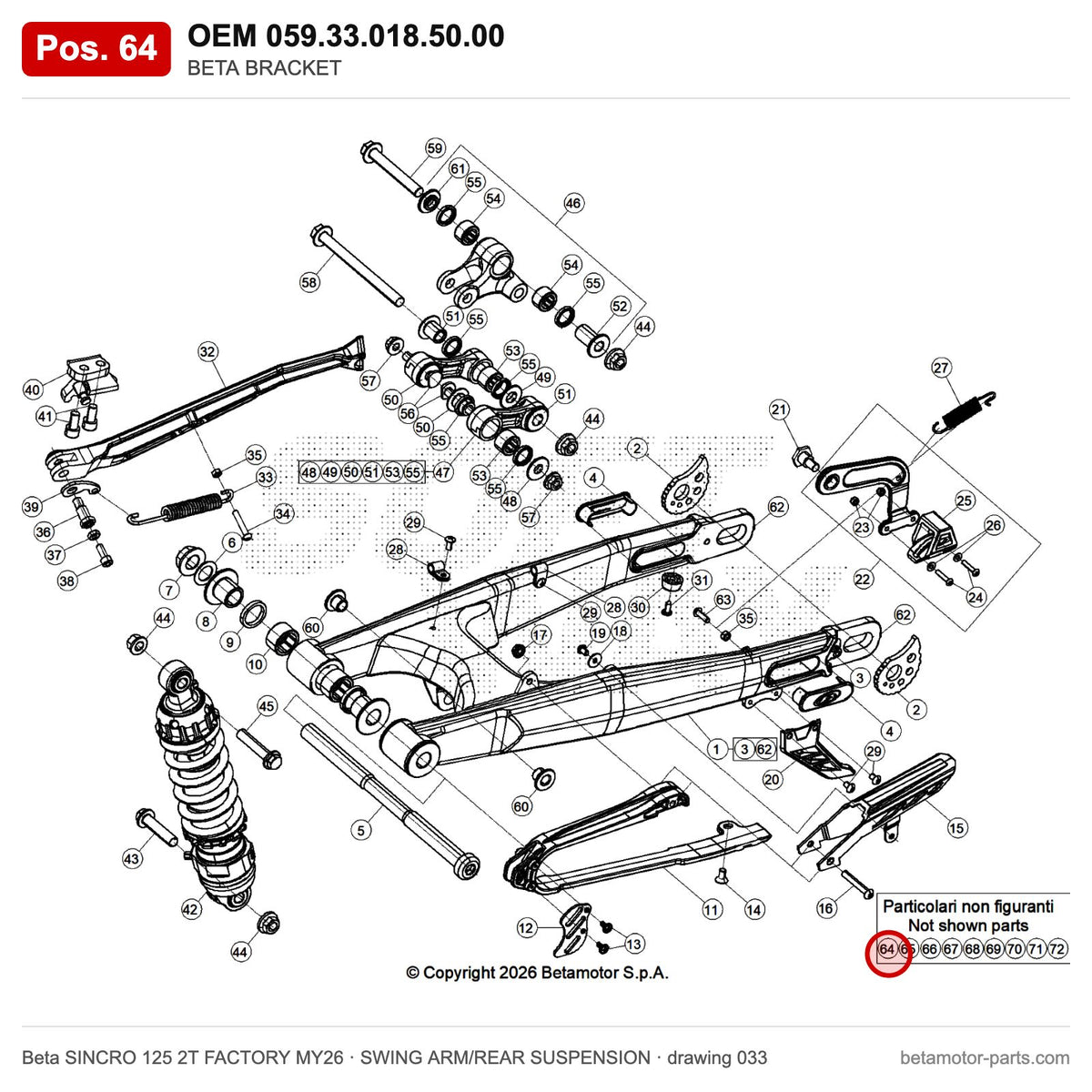 BETA BRACKET – OEM 059.33.018.50.00, position 64 on the Beta SINCRO 125 2T FACTORY MY26 swing arm/rear suspension drawing