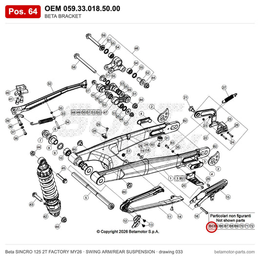 BETA BRACKET – OEM 059.33.018.50.00, position 64 on the Beta SINCRO 125 2T FACTORY MY26 swing arm/rear suspension drawing