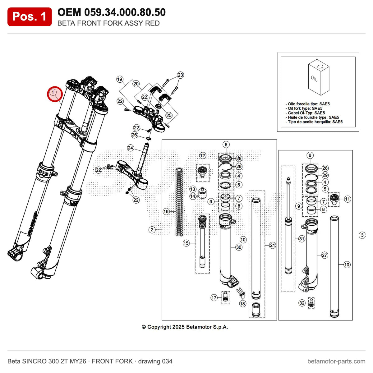 BETA FRONT FORK ASSY RED – OEM 059.34.000.80.50, position 1 on the Beta SINCRO 300 2T MY26 front fork drawing