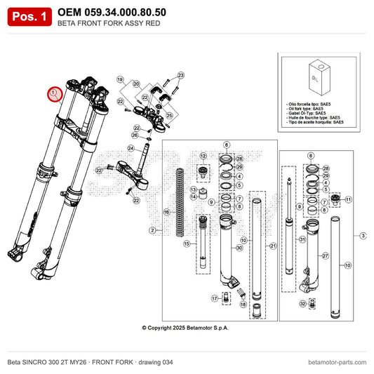 BETA FRONT FORK ASSY RED – OEM 059.34.000.80.50, position 1 on the Beta SINCRO 300 2T MY26 front fork drawing
