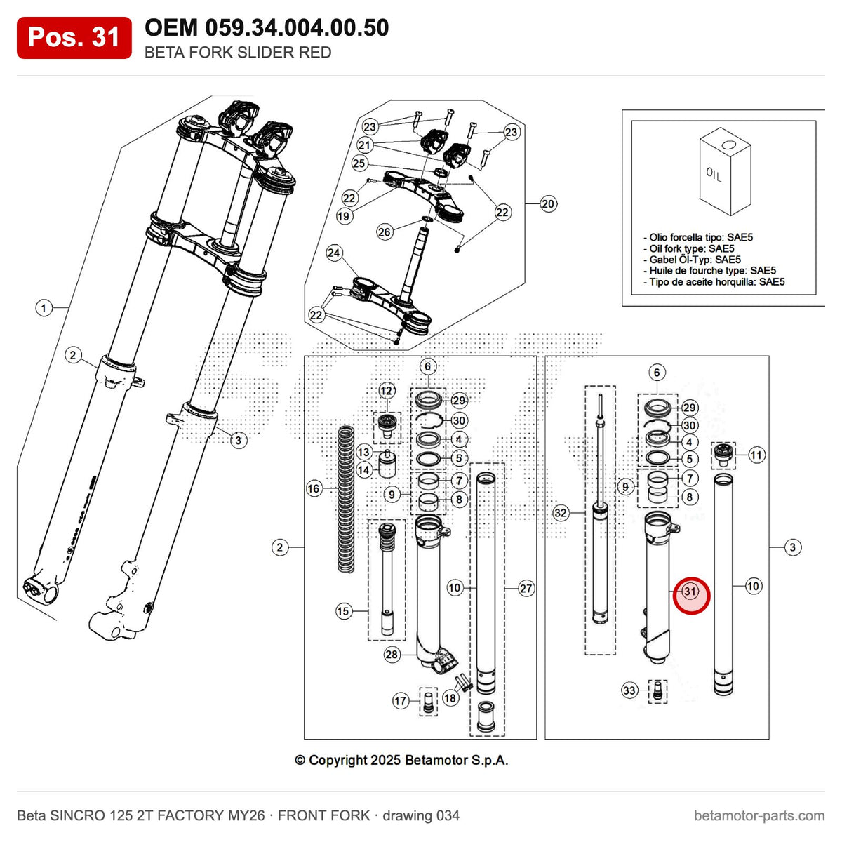 BETA FORK SLIDER RED – OEM 059.34.004.00.50, position 31 on the Beta SINCRO 125 2T FACTORY MY26 front fork drawing