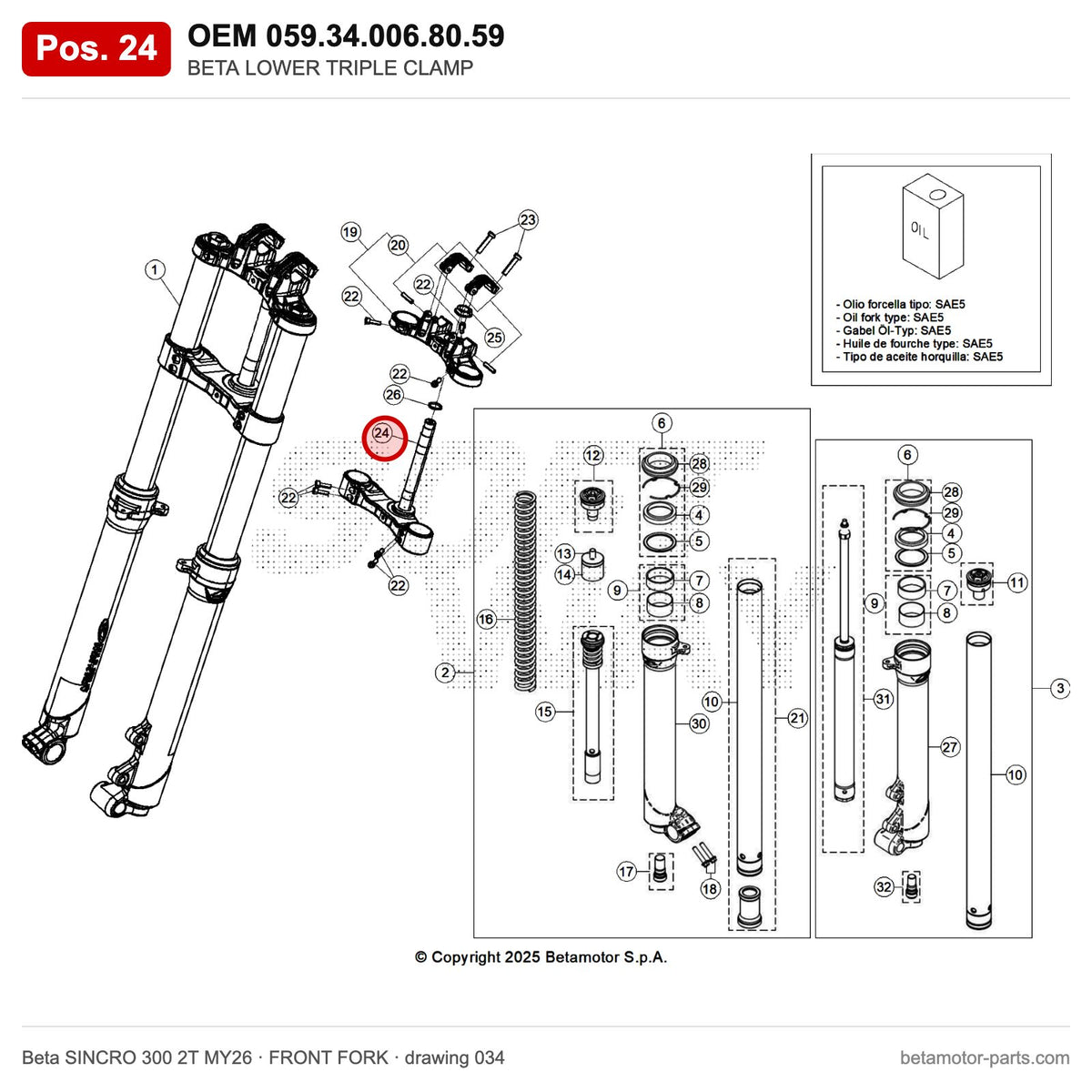 BETA LOWER TRIPLE CLAMP – OEM 059.34.006.80.59, position 24 on the Beta SINCRO 300 2T MY26 front fork drawing