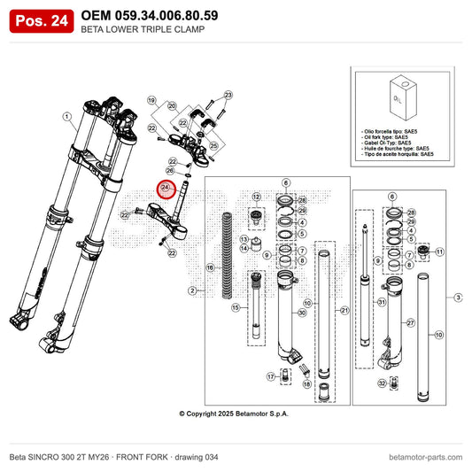 BETA LOWER TRIPLE CLAMP – OEM 059.34.006.80.59, position 24 on the Beta SINCRO 300 2T MY26 front fork drawing