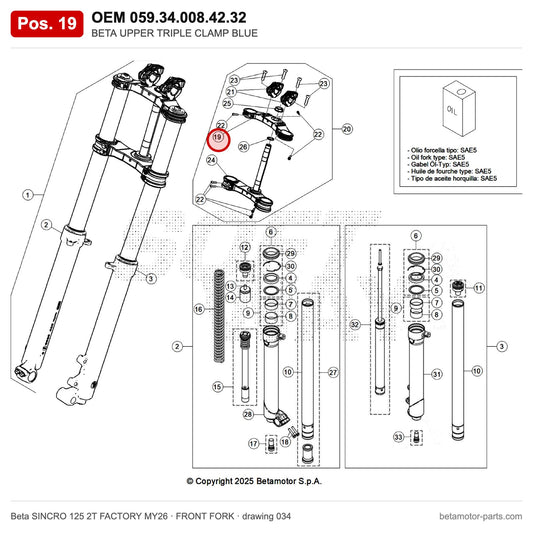 BETA UPPER TRIPLE CLAMP BLUE – OEM 059.34.008.42.32, position 19 on the Beta SINCRO 125 2T FACTORY MY26 front fork drawing