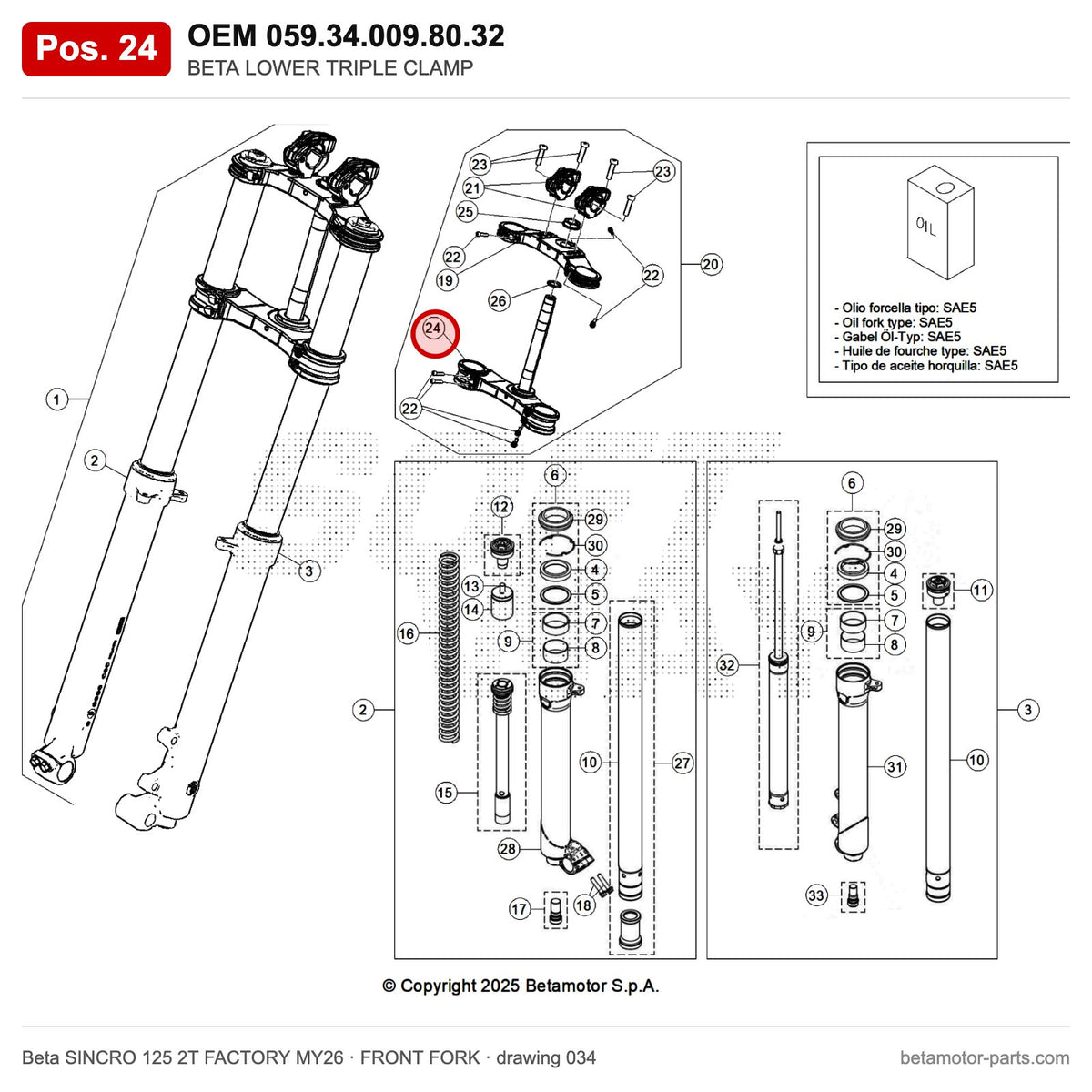 BETA LOWER TRIPLE CLAMP – OEM 059.34.009.80.32, position 24 on the Beta SINCRO 125 2T FACTORY MY26 front fork drawing