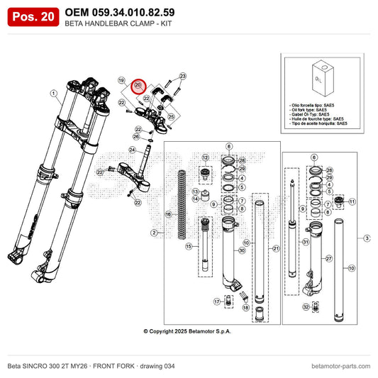 BETA HANDLEBAR CLAMP - KIT – OEM 059.34.010.82.59, position 20 on the Beta SINCRO 300 2T MY26 front fork drawing