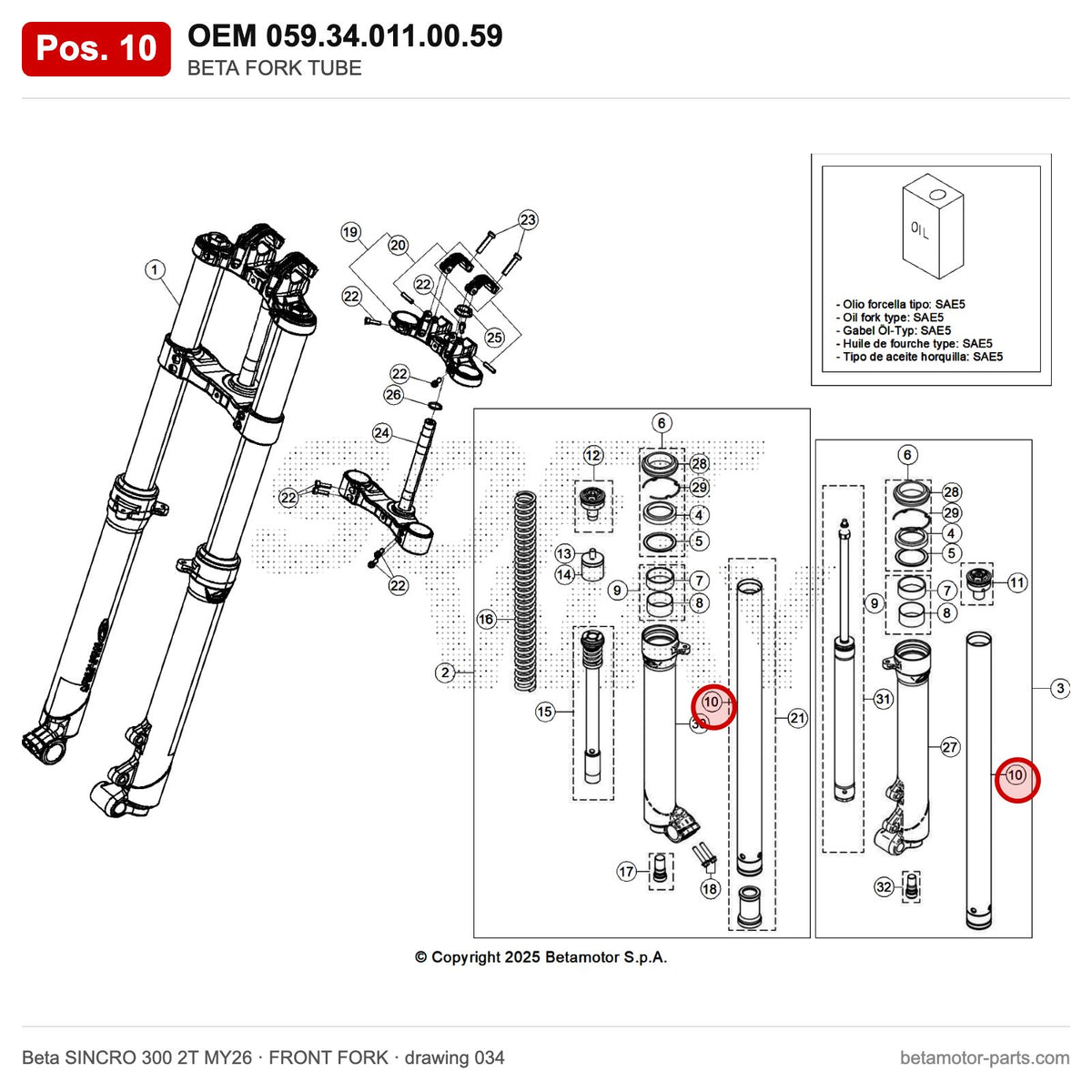 BETA FORK TUBE – OEM 059.34.011.00.59, position 10 on the Beta SINCRO 300 2T MY26 front fork drawing