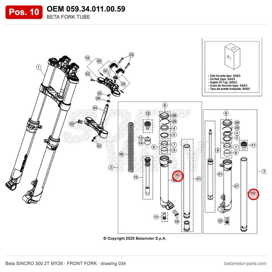 BETA FORK TUBE – OEM 059.34.011.00.59, position 10 on the Beta SINCRO 300 2T MY26 front fork drawing