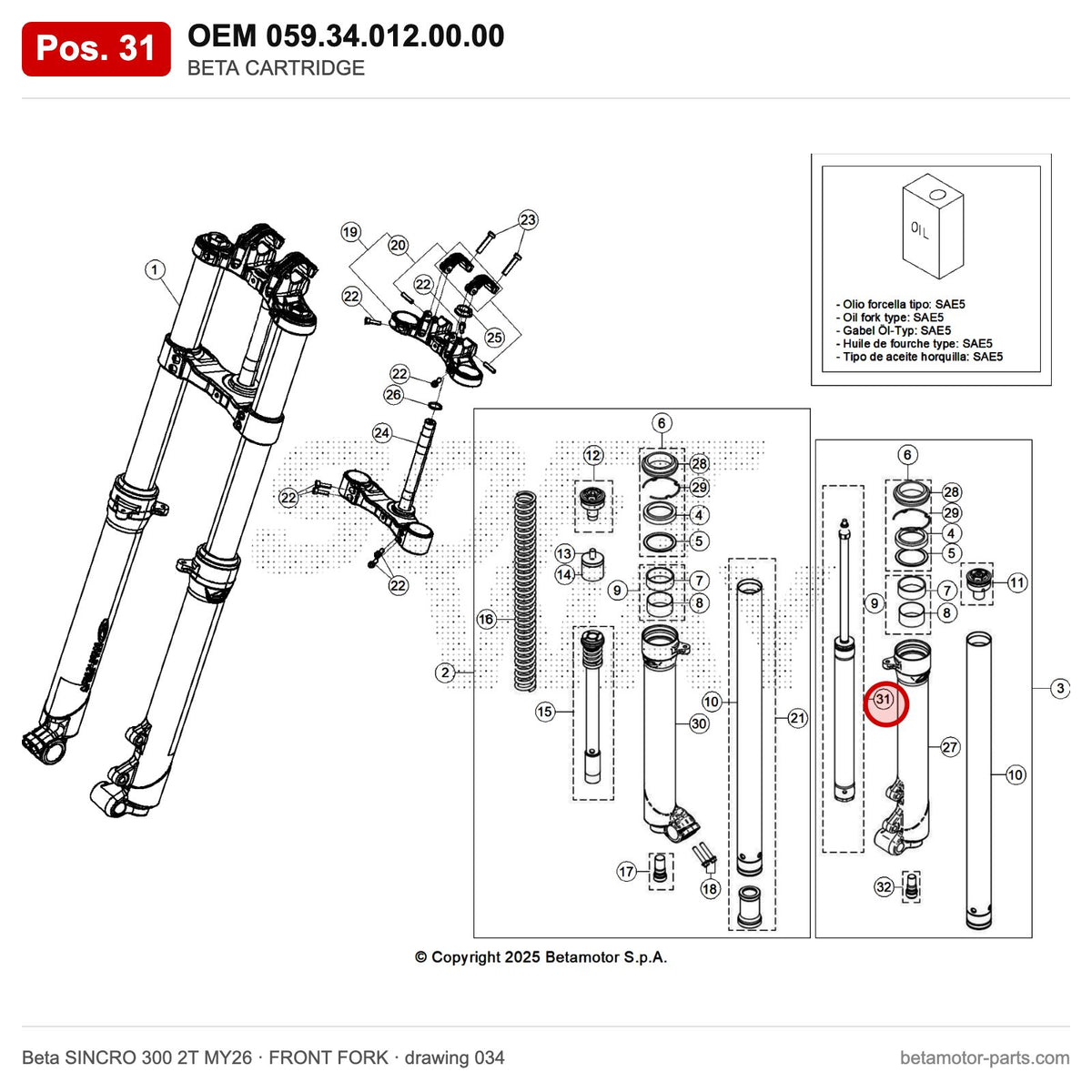 BETA CARTRIDGE – OEM 059.34.012.00.00, position 31 on the Beta SINCRO 300 2T MY26 front fork drawing