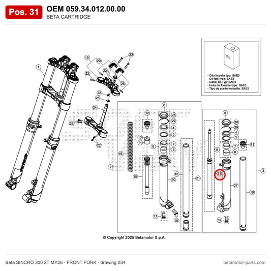 BETA CARTRIDGE – OEM 059.34.012.00.00, position 31 on the Beta SINCRO 300 2T MY26 front fork drawing