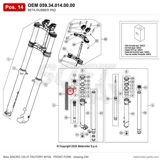 BETA RUBBER PAD – OEM 059.34.014.00.00, position 14 on the Beta SINCRO 125 2T FACTORY MY26 front fork drawing