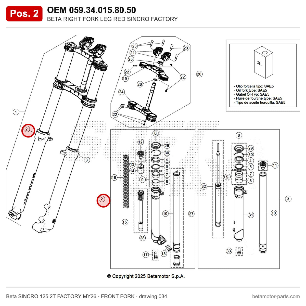 BETA RIGHT FORK LEG RED SINCRO FACTORY – OEM 059.34.015.80.50, position 2 on the Beta SINCRO 125 2T FACTORY MY26 front fork drawing