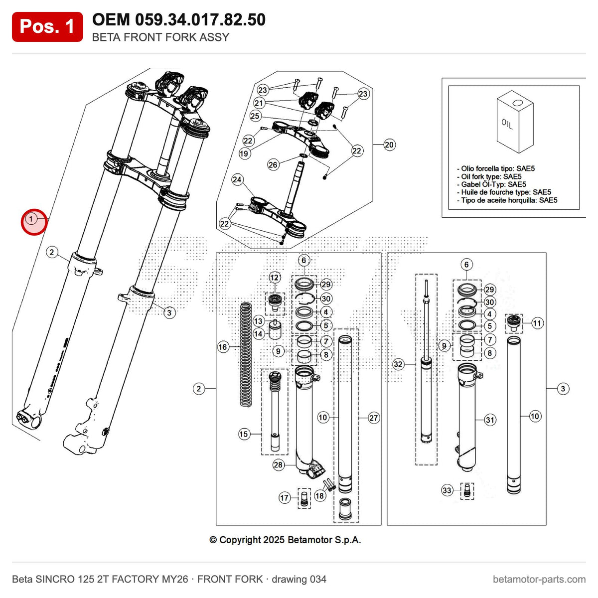 BETA FRONT FORK ASSY – OEM 059.34.017.82.50, position 1 on the Beta SINCRO 125 2T FACTORY MY26 front fork drawing