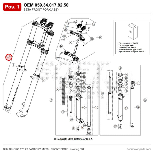 BETA FRONT FORK ASSY – OEM 059.34.017.82.50, position 1 on the Beta SINCRO 125 2T FACTORY MY26 front fork drawing