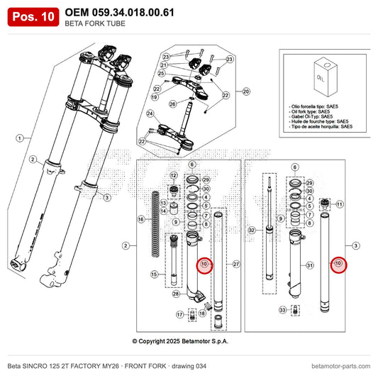 BETA FORK TUBE – OEM 059.34.018.00.61, position 10 on the Beta SINCRO 125 2T FACTORY MY26 front fork drawing