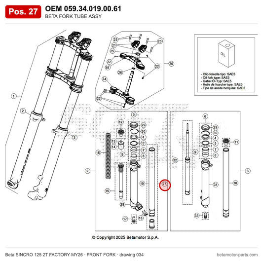BETA FORK TUBE ASSY – OEM 059.34.019.00.61, position 27 on the Beta SINCRO 125 2T FACTORY MY26 front fork drawing