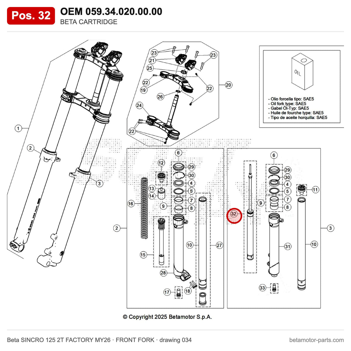BETA CARTRIDGE – OEM 059.34.020.00.00, position 32 on the Beta SINCRO 125 2T FACTORY MY26 front fork drawing