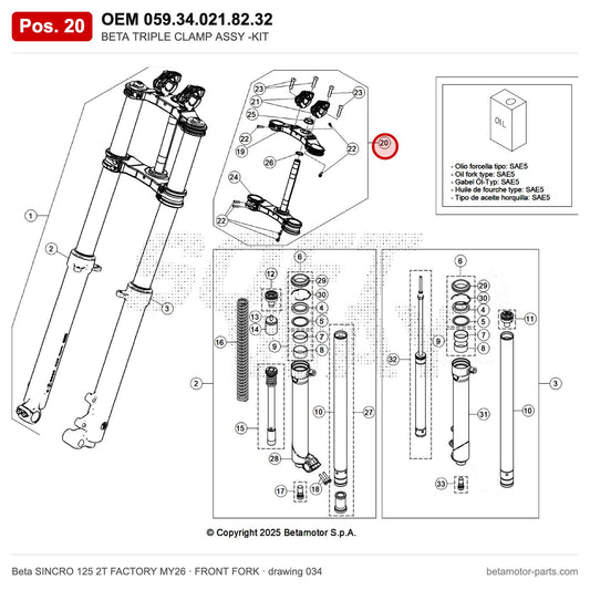 BETA TRIPLE CLAMP ASSY -KIT – OEM 059.34.021.82.32, position 20 on the Beta SINCRO 125 2T FACTORY MY26 front fork drawing