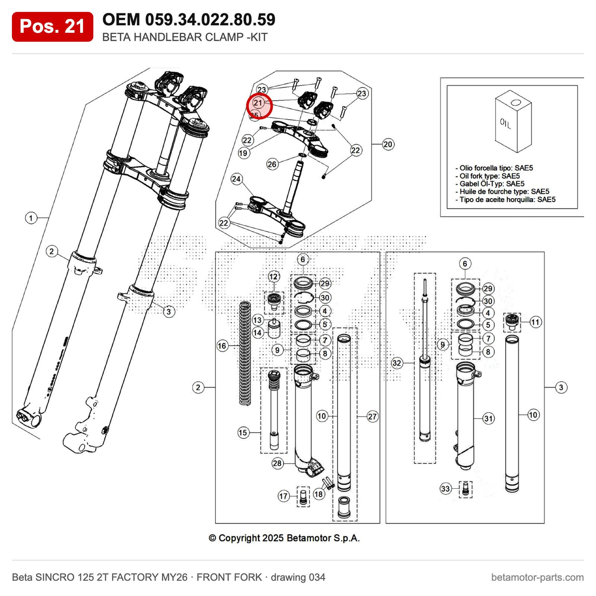 BETA HANDLEBAR CLAMP -KIT – OEM 059.34.022.80.59, position 21 on the Beta SINCRO 125 2T FACTORY MY26 front fork drawing