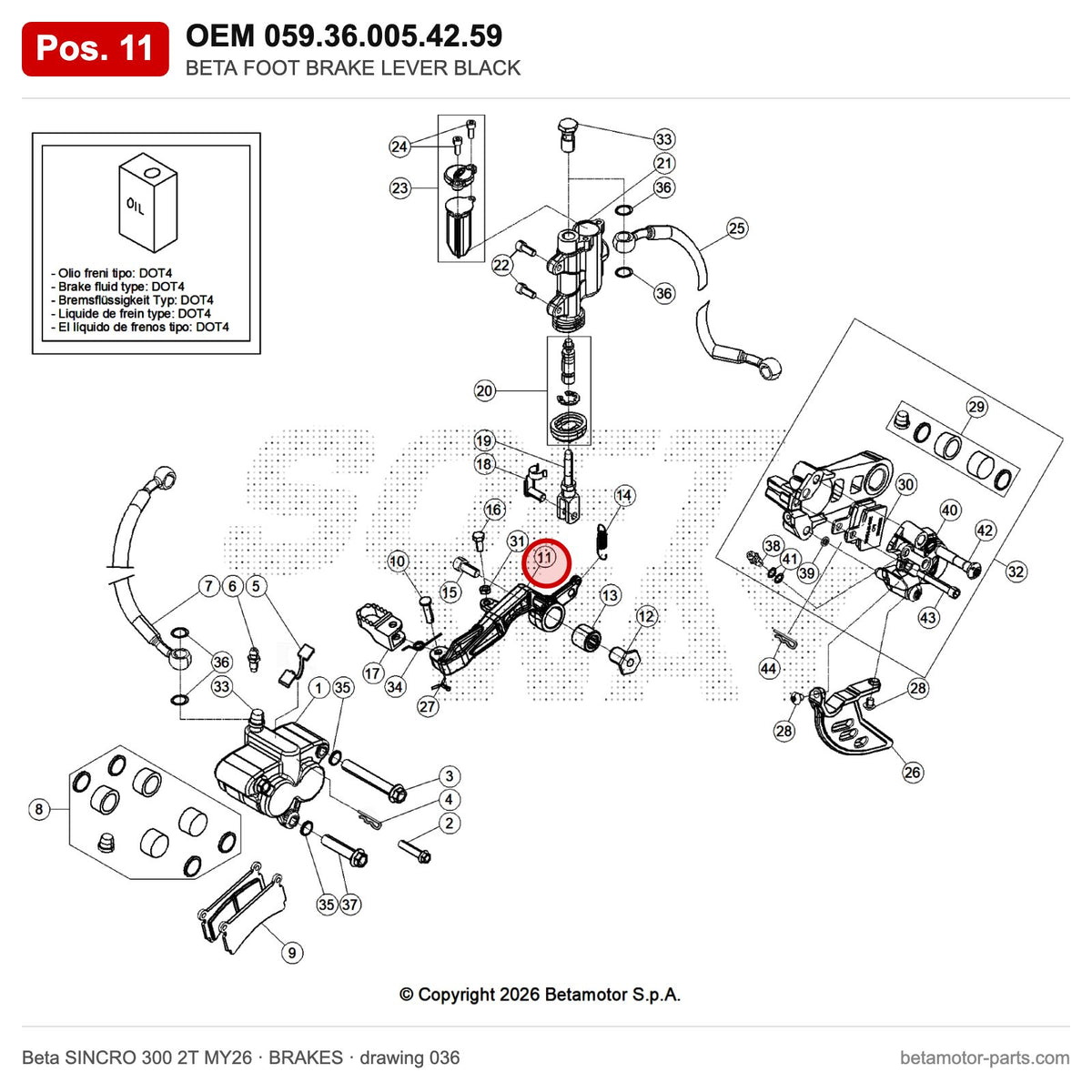 BETA FOOT BRAKE LEVER BLACK – OEM 059.36.005.42.59, position 11 on the Beta SINCRO 300 2T MY26 brakes drawing