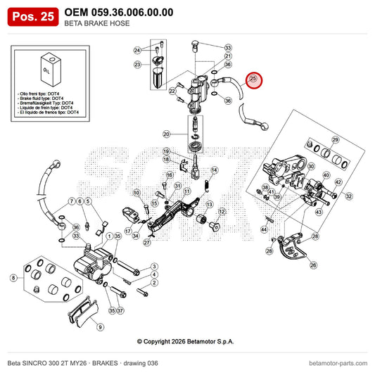 BETA BRAKE HOSE – OEM 059.36.006.00.00, position 25 on the Beta SINCRO 300 2T MY26 brakes drawing