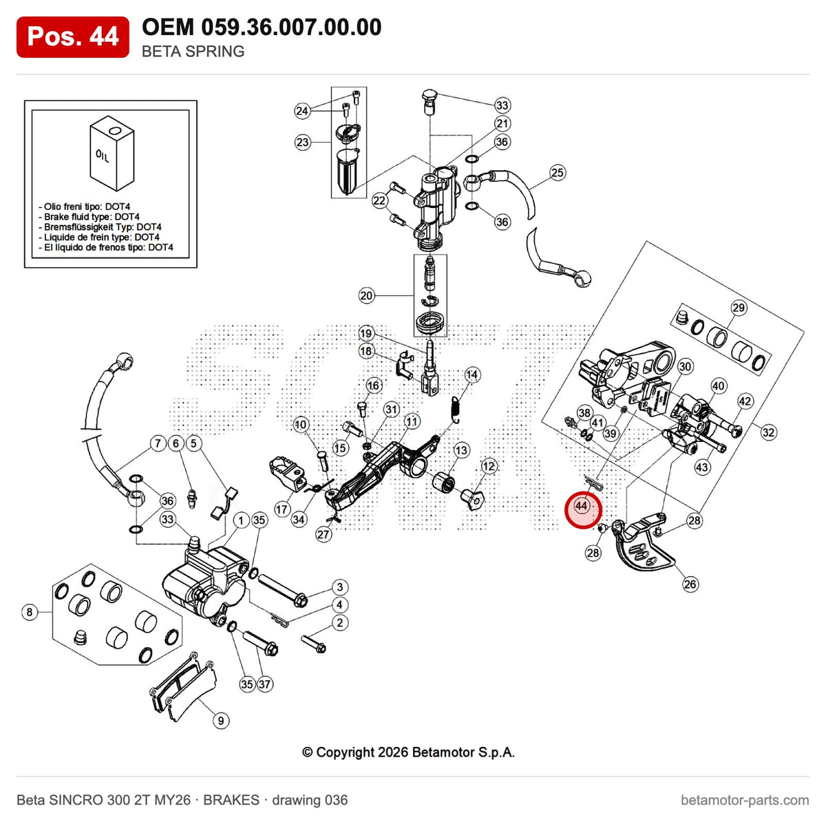 BETA SPRING – OEM 059.36.007.00.00, position 44 on the Beta SINCRO 300 2T MY26 brakes drawing
