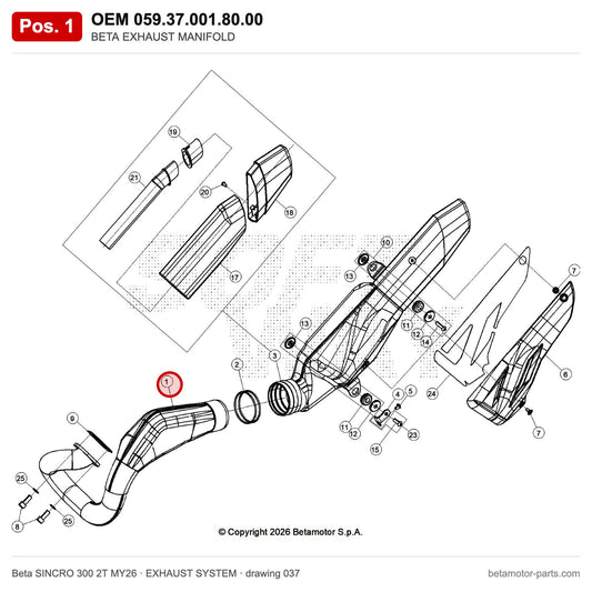 BETA EXHAUST MANIFOLD – OEM 059.37.001.80.00, position 1 on the Beta SINCRO 300 2T MY26 exhaust system drawing