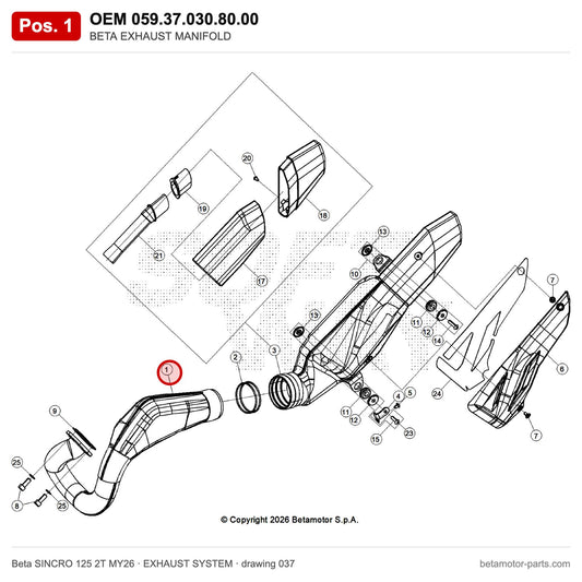 BETA EXHAUST MANIFOLD – OEM 059.37.030.80.00, position 1 on the Beta SINCRO 125 2T MY26 exhaust system drawing