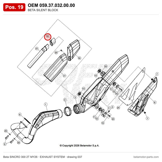 BETA SILENT BLOCK – OEM 059.37.032.00.00, position 19 on the Beta SINCRO 300 2T MY26 exhaust system drawing
