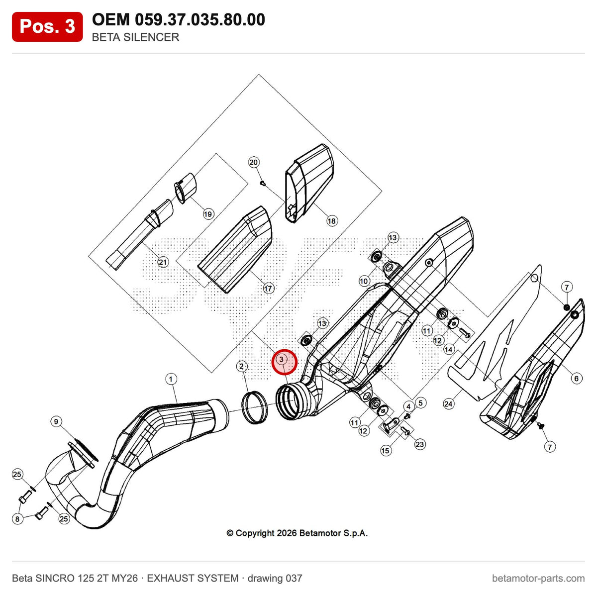 BETA SILENCER – OEM 059.37.035.80.00, position 3 on the Beta SINCRO 125 2T MY26 exhaust system drawing