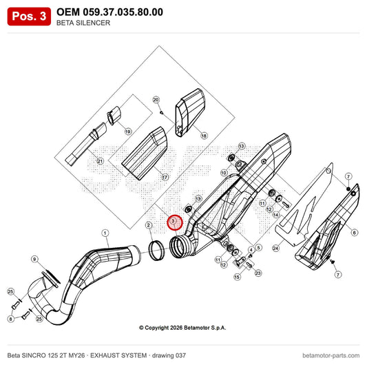 BETA SILENCER – OEM 059.37.035.80.00, position 3 on the Beta SINCRO 125 2T MY26 exhaust system drawing