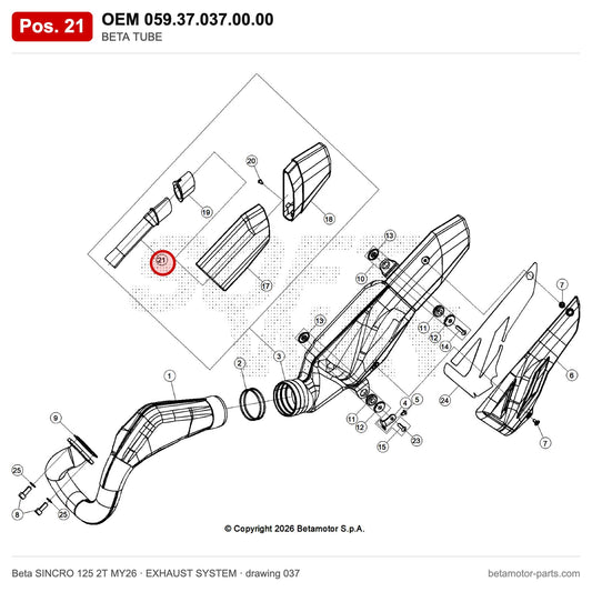 BETA TUBE – OEM 059.37.037.00.00, position 21 on the Beta SINCRO 125 2T MY26 exhaust system drawing