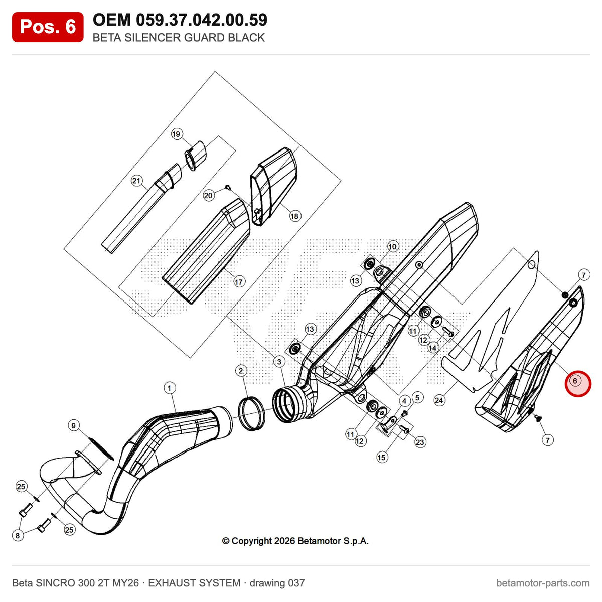 BETA SILENCER GUARD BLACK – OEM 059.37.042.00.59, position 6 on the Beta SINCRO 300 2T MY26 exhaust system drawing