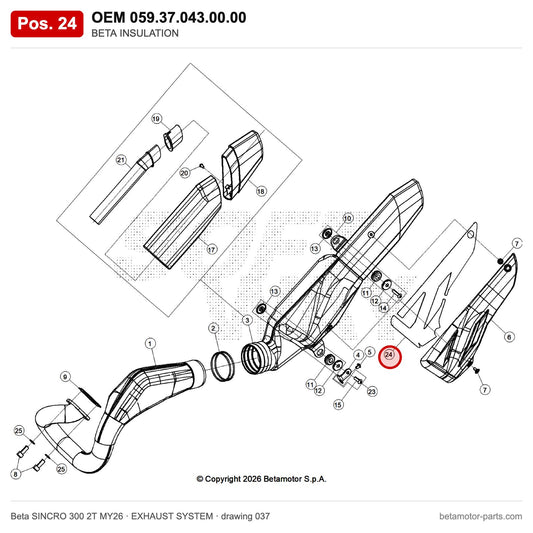 BETA INSULATION – OEM 059.37.043.00.00, position 24 on the Beta SINCRO 300 2T MY26 exhaust system drawing