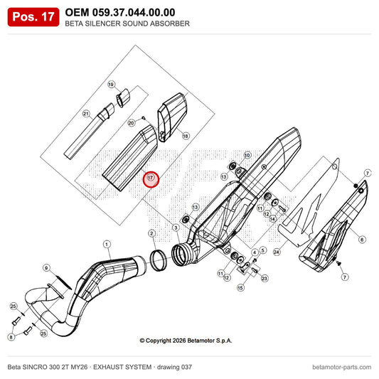 BETA SILENCER SOUND ABSORBER – OEM 059.37.044.00.00, position 17 on the Beta SINCRO 300 2T MY26 exhaust system drawing