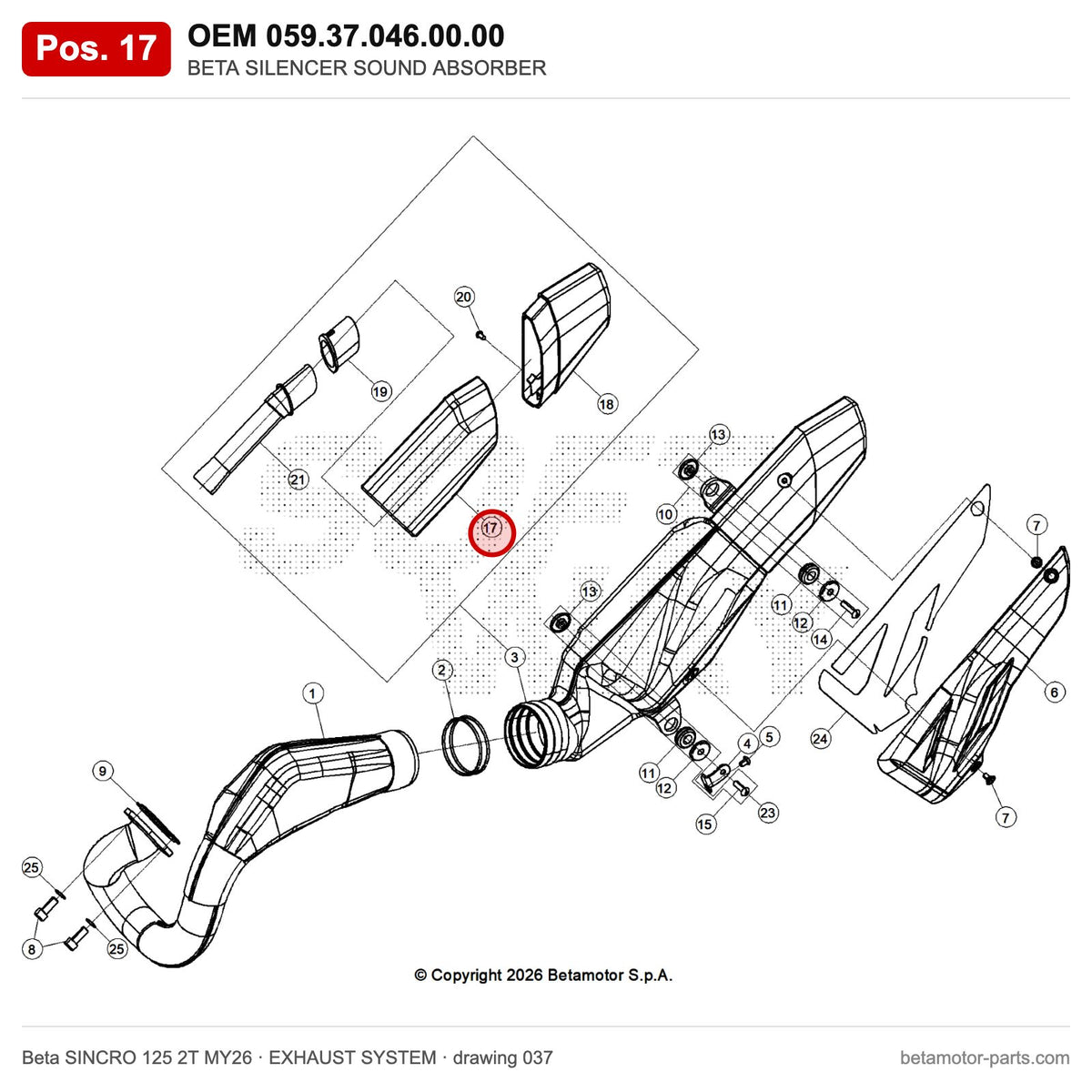 BETA SILENCER SOUND ABSORBER – OEM 059.37.046.00.00, position 17 on the Beta SINCRO 125 2T MY26 exhaust system drawing