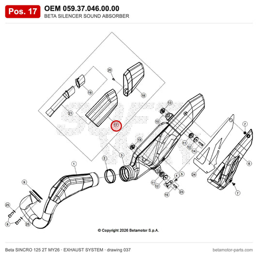 BETA SILENCER SOUND ABSORBER – OEM 059.37.046.00.00, position 17 on the Beta SINCRO 125 2T MY26 exhaust system drawing