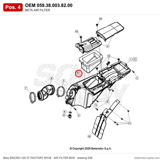 BETA AIR FILTER – OEM 059.38.003.82.00, position 4 on the Beta SINCRO 125 2T FACTORY MY26 air filter box drawing