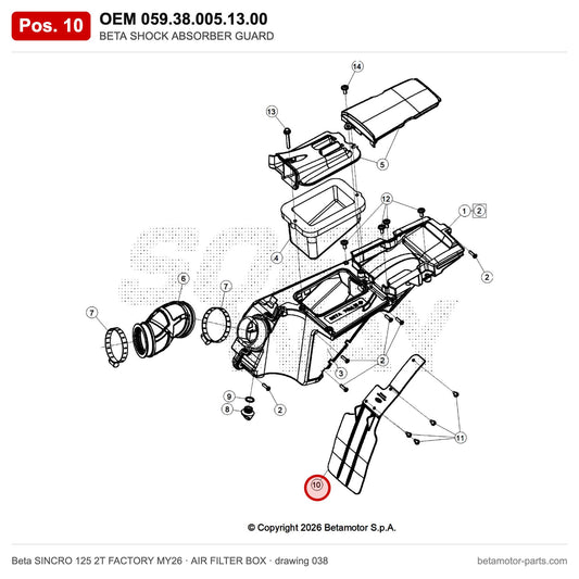 BETA SHOCK ABSORBER GUARD – OEM 059.38.005.13.00, position 10 on the Beta SINCRO 125 2T FACTORY MY26 air filter box drawing