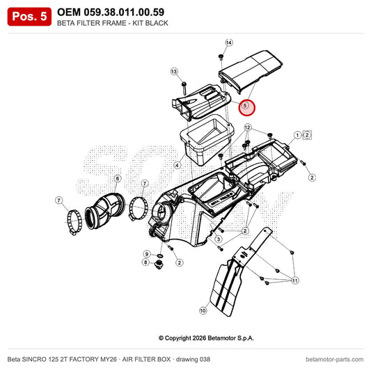 BETA FILTER FRAME - KIT BLACK – OEM 059.38.011.00.59, position 5 on the Beta SINCRO 125 2T FACTORY MY26 air filter box drawing