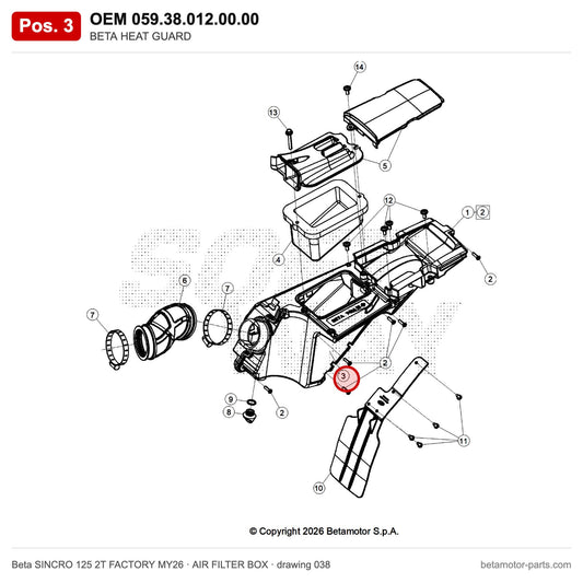 BETA HEAT GUARD – OEM 059.38.012.00.00, position 3 on the Beta SINCRO 125 2T FACTORY MY26 air filter box drawing