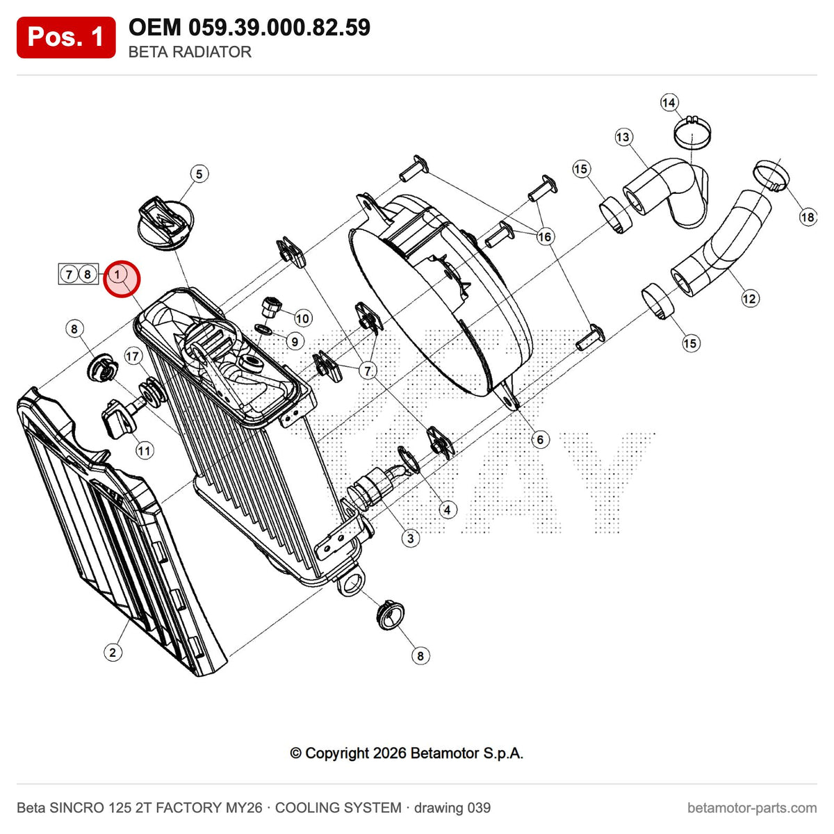 BETA RADIATOR – OEM 059.39.000.82.59, position 1 on the Beta SINCRO 125 2T FACTORY MY26 cooling system drawing