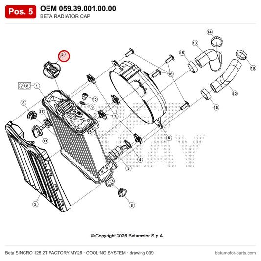 BETA RADIATOR CAP – OEM 059.39.001.00.00, position 5 on the Beta SINCRO 125 2T FACTORY MY26 cooling system drawing