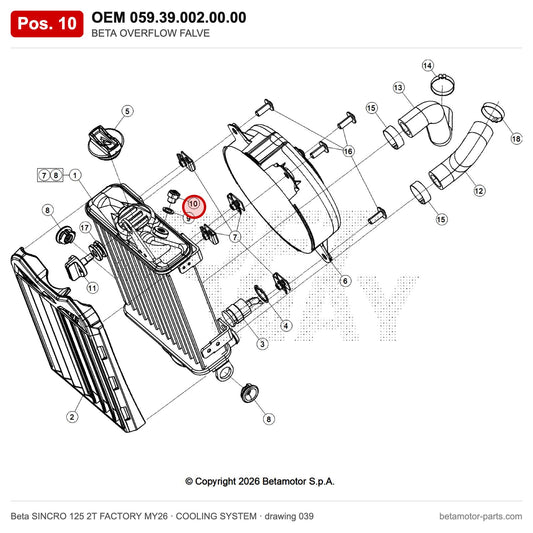 BETA OVERFLOW FALVE – OEM 059.39.002.00.00, position 10 on the Beta SINCRO 125 2T FACTORY MY26 cooling system drawing