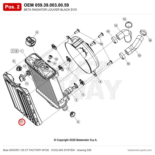 BETA RADIATOR LOUVER BLACK EVO – OEM 059.39.003.00.59, position 2 on the Beta SINCRO 125 2T FACTORY MY26 cooling system drawing