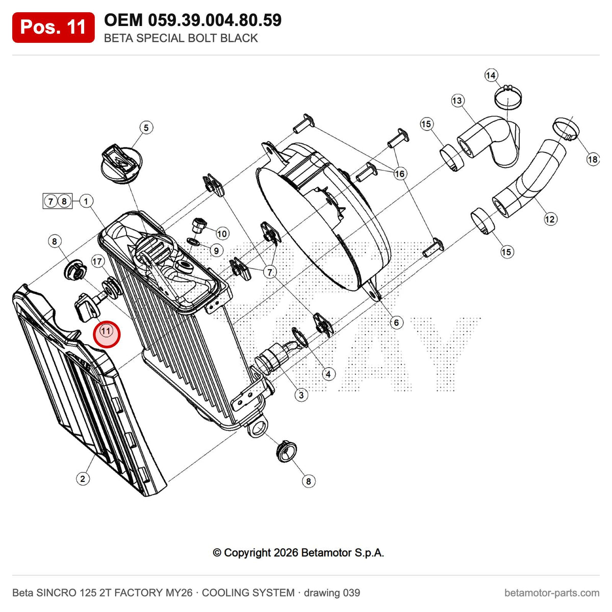 BETA SPECIAL BOLT BLACK – OEM 059.39.004.80.59, position 11 on the Beta SINCRO 125 2T FACTORY MY26 cooling system drawing