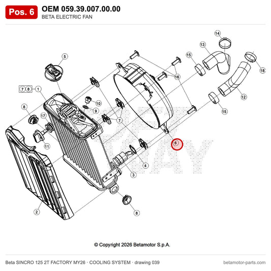 BETA ELECTRIC FAN – OEM 059.39.007.00.00, position 6 on the Beta SINCRO 125 2T FACTORY MY26 cooling system drawing